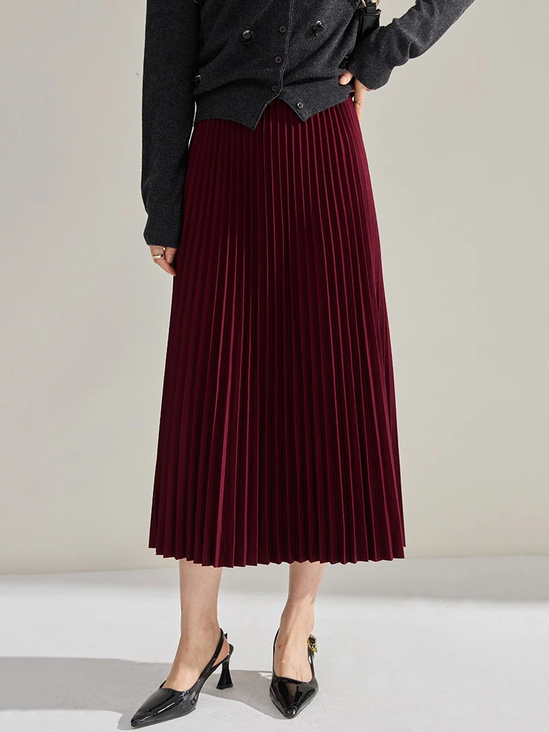 Brand Designer Women Spring Autumn Solid Elegant Chic Pleated Skirt High Waist Luxury With High Elastic Female C-035