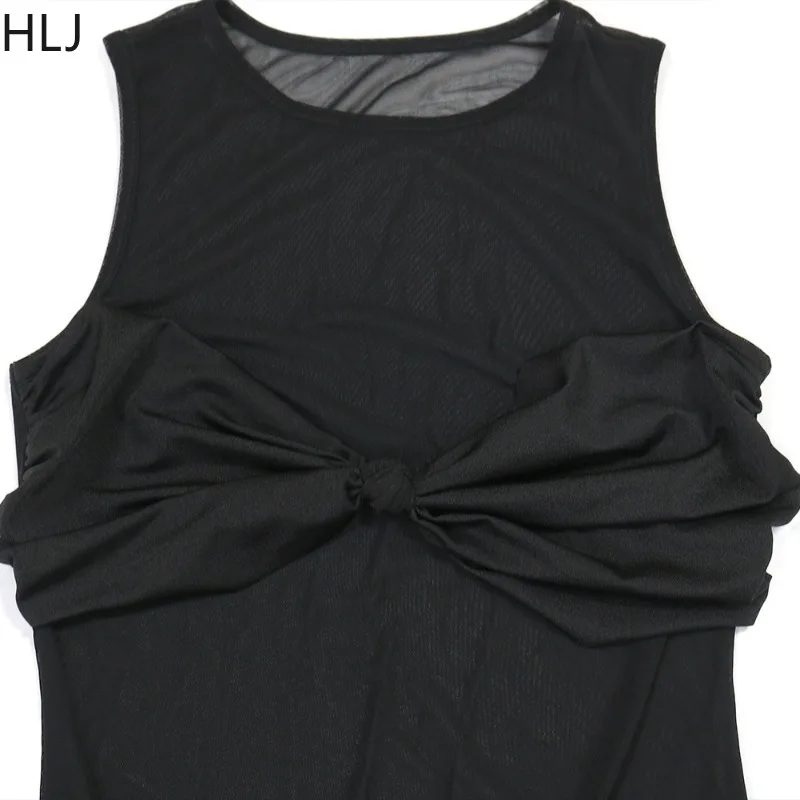 HLJ Summer New Sexy Mesh See Through Bodycon Long Dress Women Solid Color Sleeveless Dresses Female Streetwear Vestidos 2025