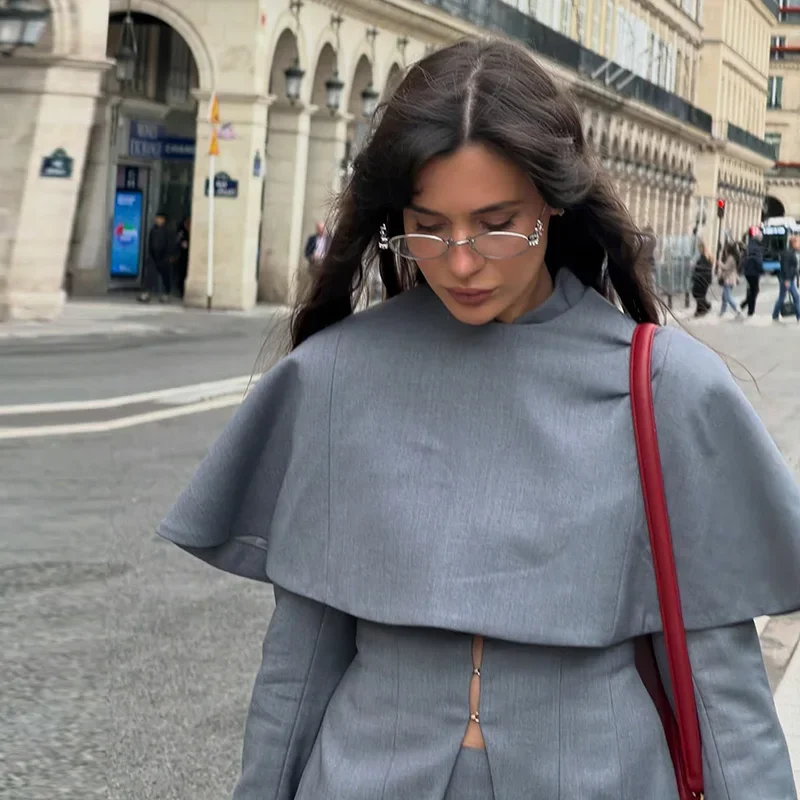 Schalkragen Elegantes Outfit Cape Damenanzug Asymmetrischer Meerjungfrauen-Dreiteiler Langer Rock Büro Damen Graue Anzüge 2026 Herbst – Detail 2