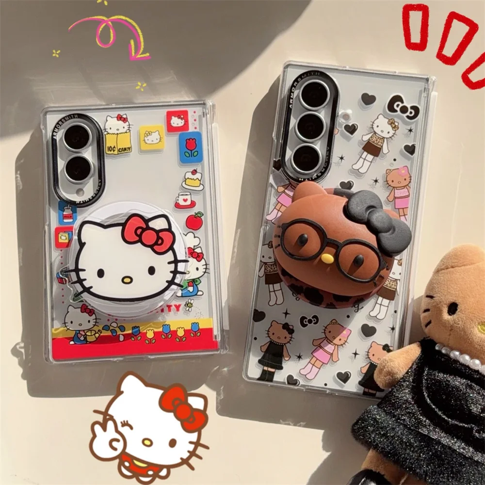 Cute Hello Kitty Magnetic Grip Phone Case For Samsung Galaxy Z Fold 8 Ultra Z Fold7 3D Figure Holder Shockproof Protective Cover