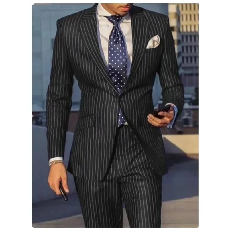 2 Piece Business Set (Jacket+Pants)Navy Blue/Black Striped Men Suits Slim Fit Notch Lapel Single Breasted Wedding Groom Tuxedos