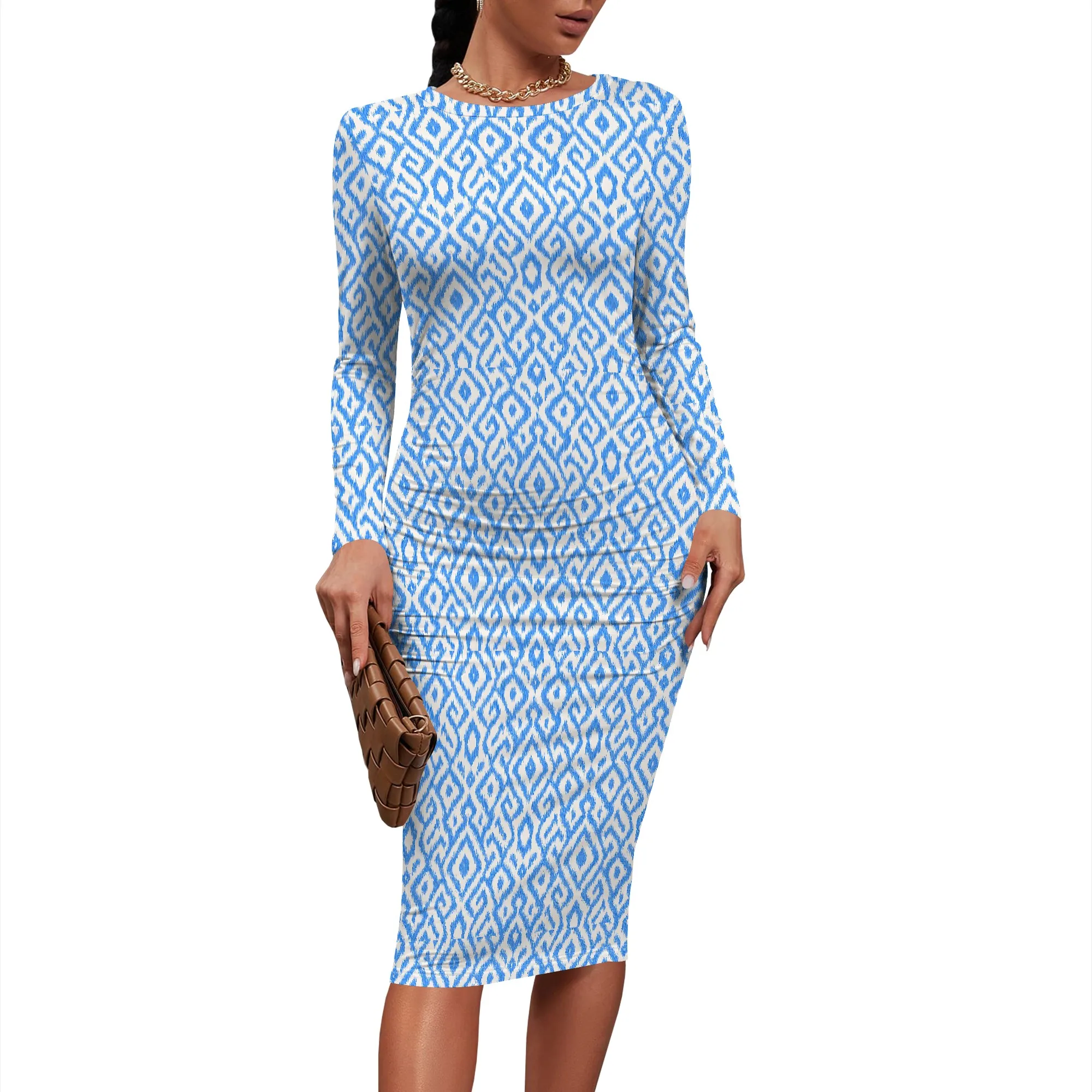 Women's Casual Ruched Basic Pencil Midi Dress Elegant Crew Neck Long Sleeve Club Dress Sexy Slim Party Cocktail