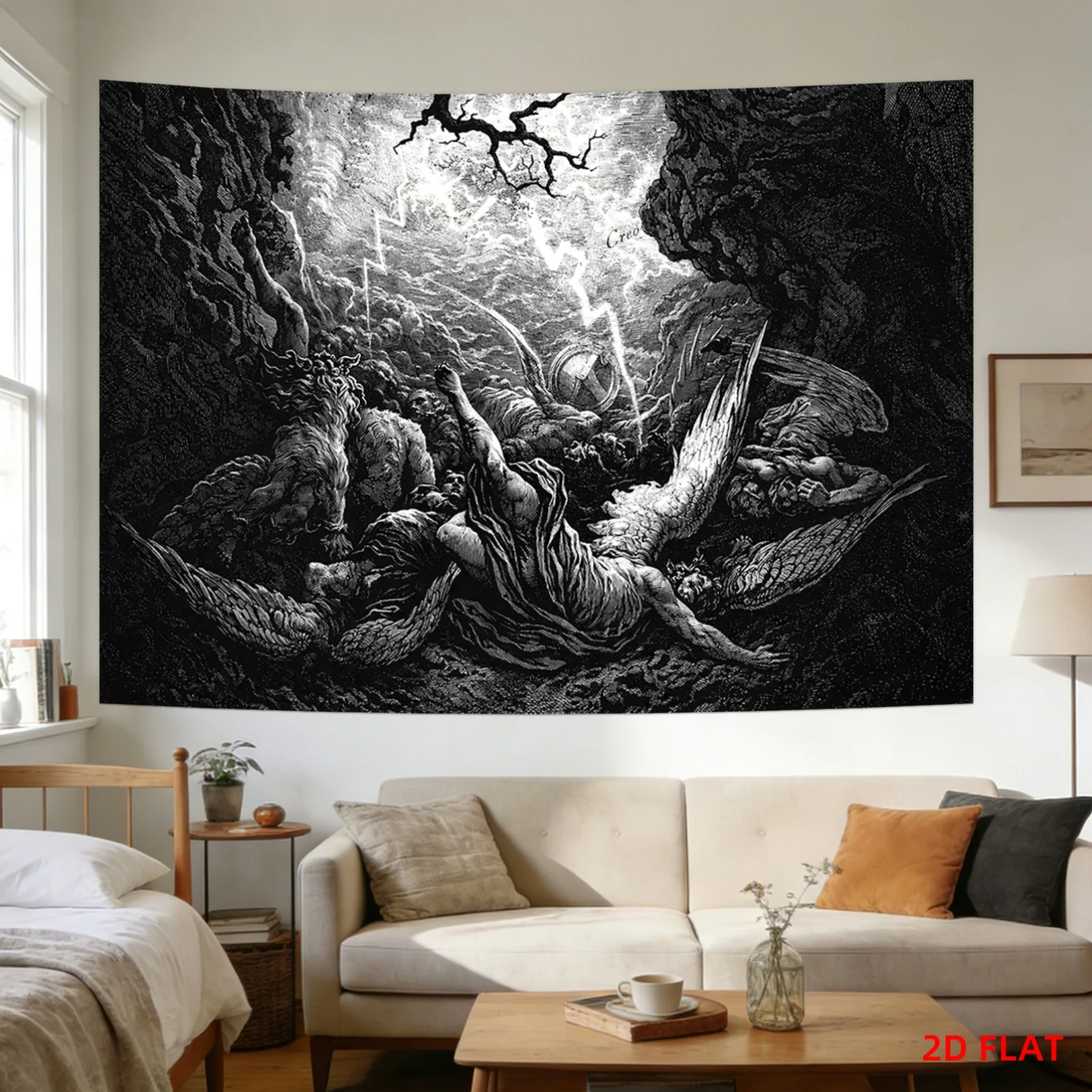 Vintage Fallen Angel Tapestry, Black White Engraving Angel Thunder Cave Print Wall Hanging Bedroom Living Room Dorm Home Decor
