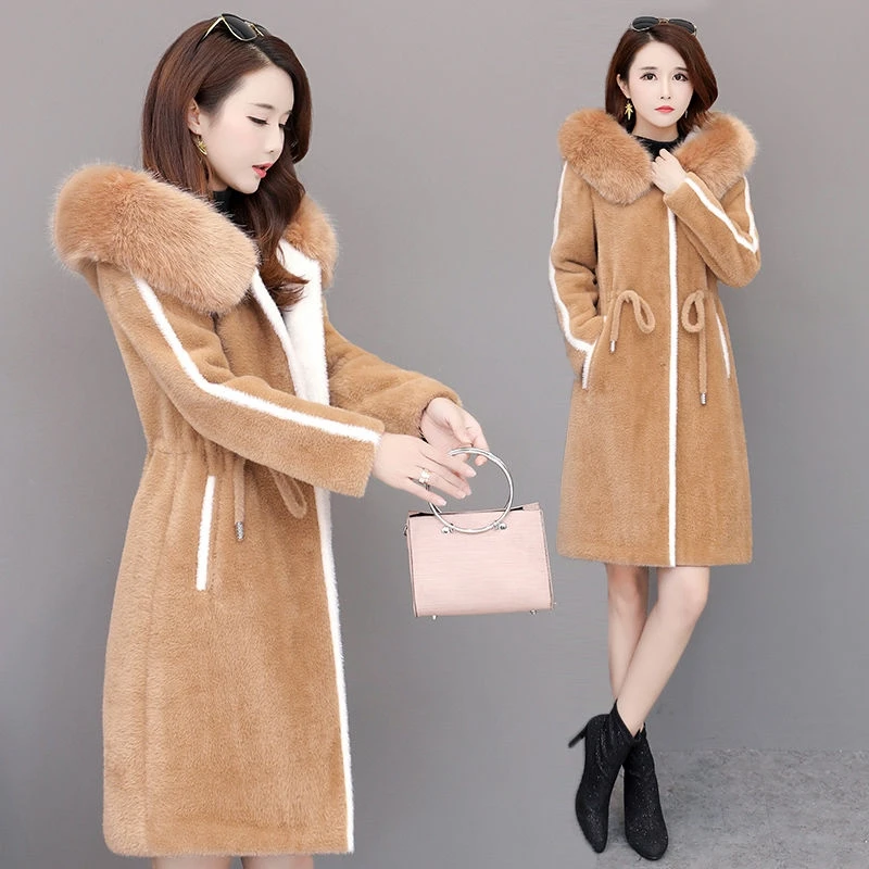 Imitation Mink Fleece Jackets Womens Autumn Winter Thicken Warm Hooded Woolen Coat High End Lady Gold Mink Velvet Wool Overcoat