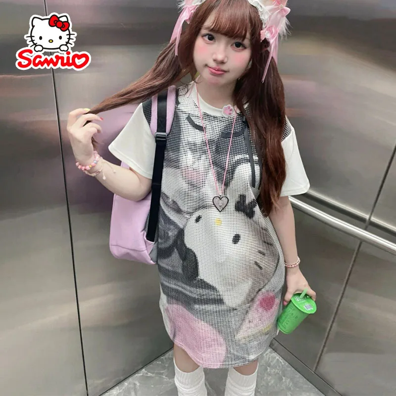 

Женское платье с рисунком Hello Kitty Sanrio, повседневное элегантное платье для девушек, уличные женские топы, одежда