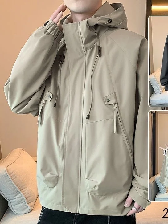 

Новинка 2025, мужская куртка с капюшоном, уличная ветрозащитная водонепроницаемая одежда для скалолазания, свободная посадка, весенне-осенний сезон, полиэфирное волокно