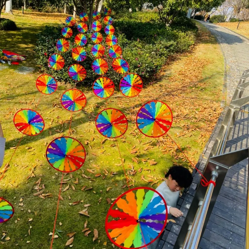 8pcs/set 28cm 10meters String Windmill Rainbow Colors Plastic Pinwheels Circular with Steel Wire Rope Handmade
