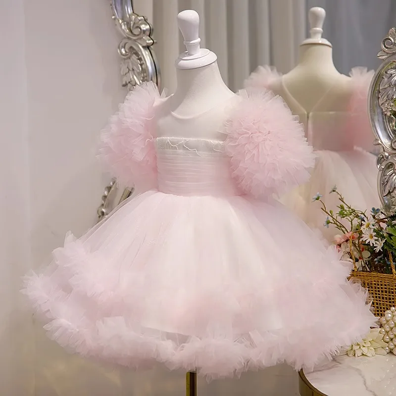 Kids Princess Dress for Birthday Party Pink Tulle Party Dress Girls' Host Performance Gown Piano Recital Costume for Eid Clothes