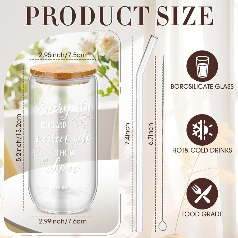 16 Sets Christian Glass Cups with Lids and Straws Brushes 16 oz Iced Coffee Cups for Women Men Coworkers Inspirational Reusable