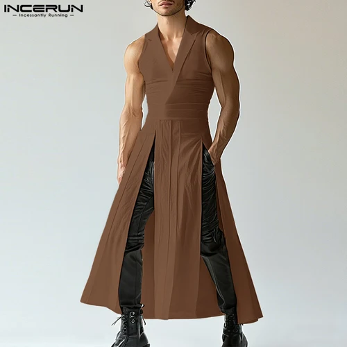 INCERUN, camisetas sin mangas de estilo largo para hombre, camisetas irregulares Unisex sin mangas con solapa sólida, chalecos, ropa de calle 20225, ropa informal de moda para hombre