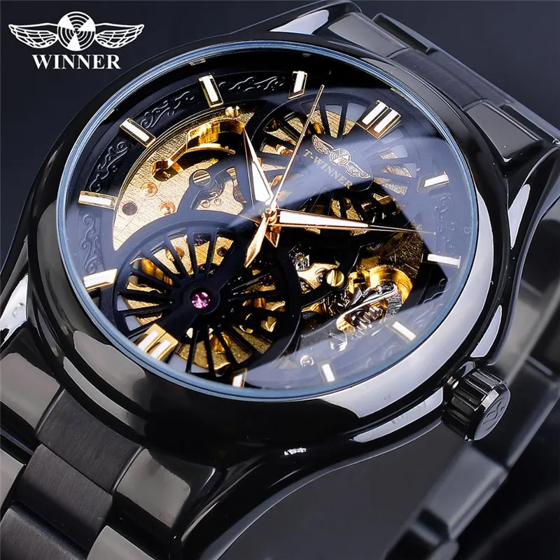 Fashion Winner Top Brand Full Stainless Full Black Steel Men\'s Casual Hollow Out Automatic Mechanical Skeleton Wrist Watches