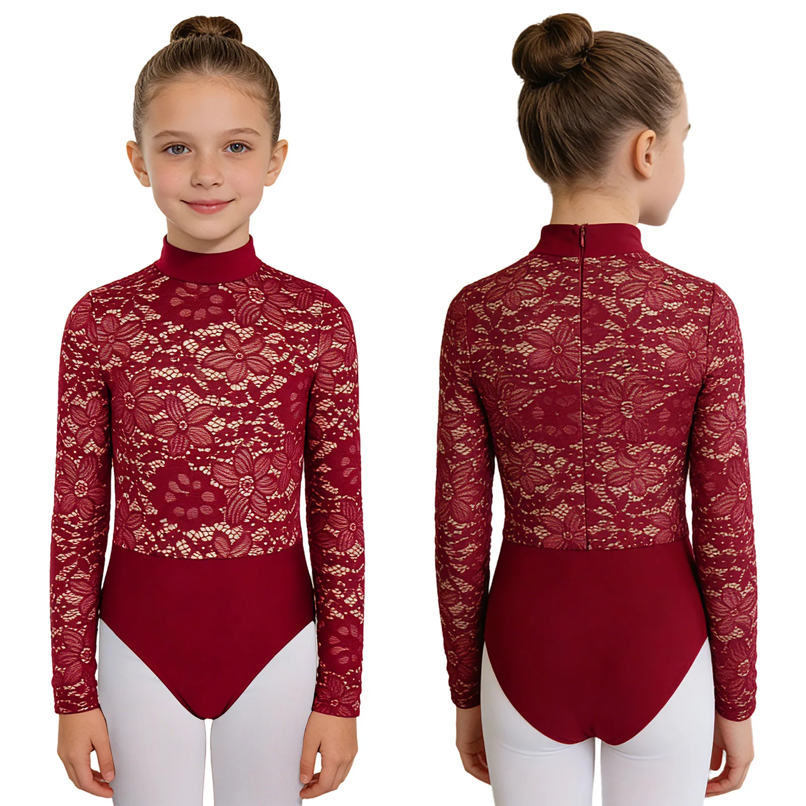 أطفال بنات الباليه الرقص الجمباز ثياب ارتداءها سحاب أكمام طويلة الدانتيل Bodice ارتداءها أداء راقصة الباليه ملابس الرقص