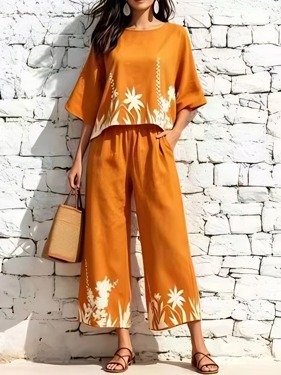 Damen Zweiteiler mit Blumenmuster, 3/4-Ärmel-Oberteil, Weite Hose, Lässiges Urlaubs-Outfit – Detail 5