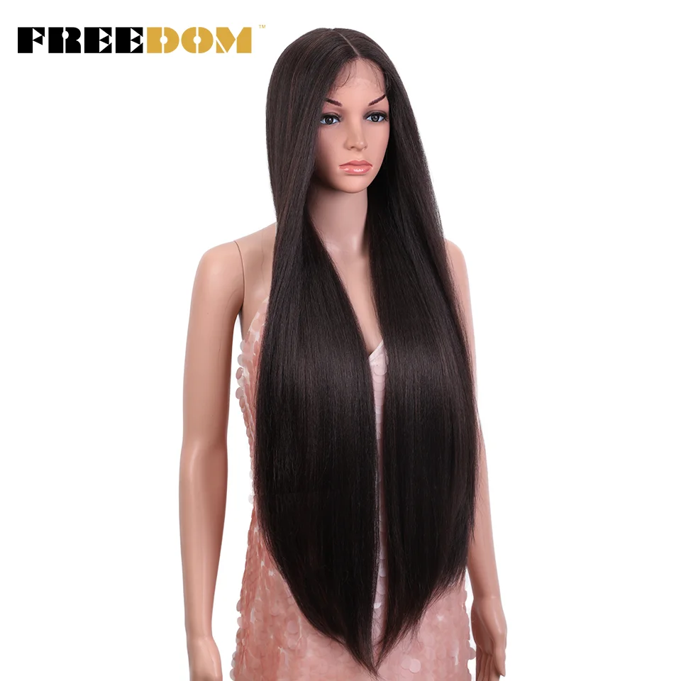 Freedom-Yaki Straight Synthetic Lace Wigs para Mulheres, Brown Handtied Lace Wig, Parte Média, Long Cosplay Wig, Azul Rosa, Ombre, 36"