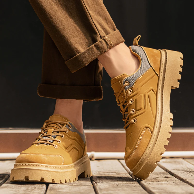 2025 Men's Autumn New Fashion Work Boots – Chunky Outdoor Anti-Slip Thick Sole, Durable Yellow Combat Boots with Height Increase view 3