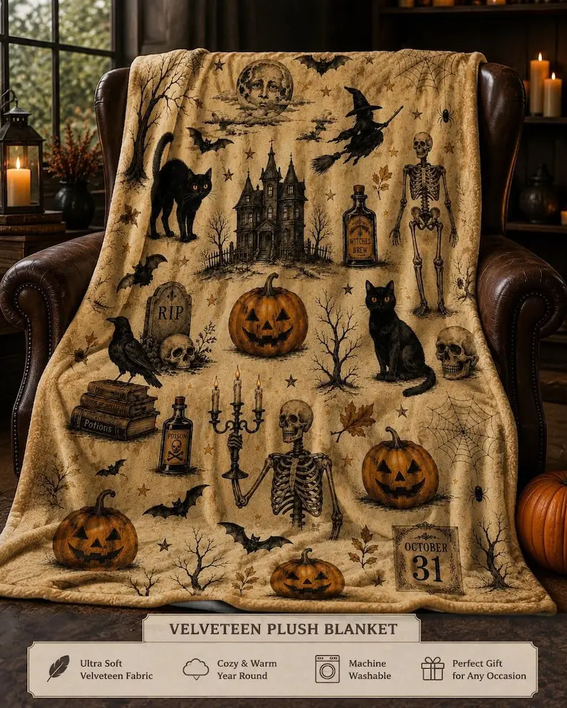 Vintage Halloween Velveteen Plush Blanket |   Spooky Gothic Throw |   Haunted House Black Cat Pumpkin Skeleton Cozy Fall Decor