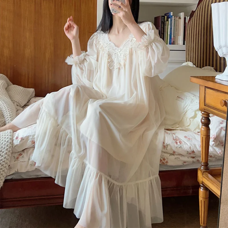 Women Mesh Night Dress Fairy Cotton Sexy Lace Peignoir Long Sleeve Sleepwear Princess Nightwear Spring Summer Vintage Nightgown