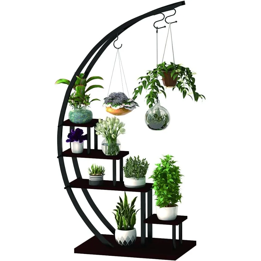 

5-Tier Metal Plant Stand, Creative Half-Moon Ladder Flower Pot Stand, Terrace Lawn Garden Balcony Stand Black
