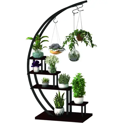 5-Tier Metal Plant Stand, Creative Half-Moon Ladder Flower Pot Stand, Terrace Lawn Garden Balcony Stand Black