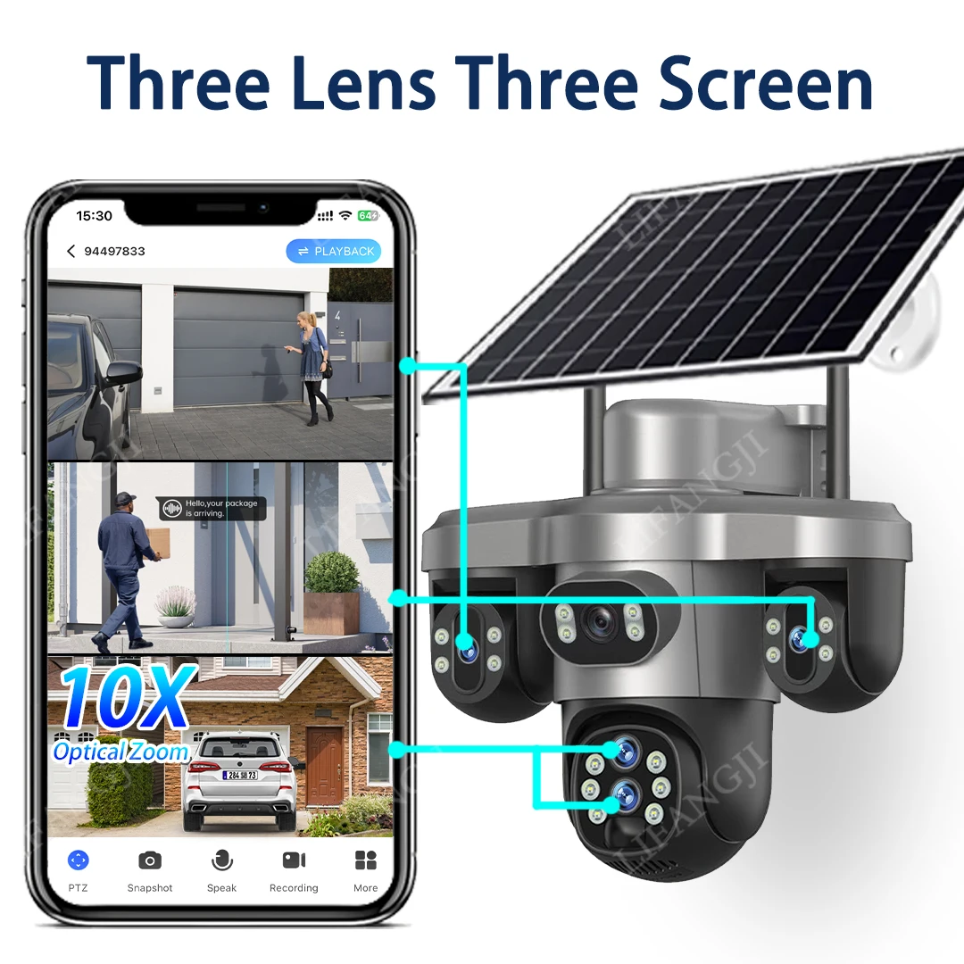 10X زووم بصري 20MP 4G Sim / WiFi كاميرا تعمل بالطاقة الشمسية في الهواء الطلق 3 شاشات CCTV 3-PTZ 360 °   كاميرات مراقبة IP للتتبع التلقائي V380