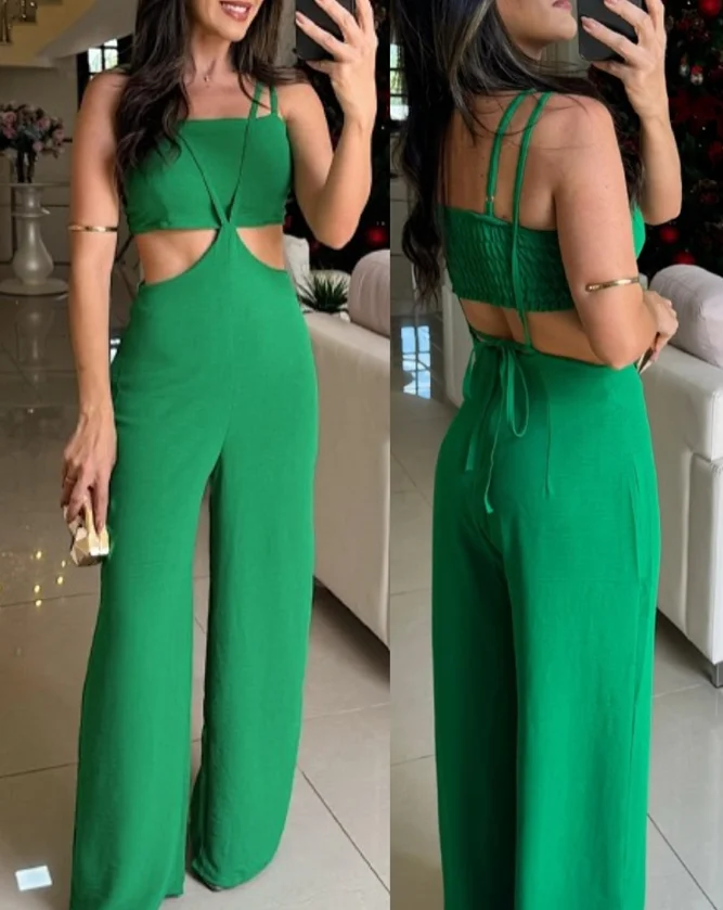 

Women's Fashion Bandeau Halter Waist Hollow-Out Jumpsuit Temperament Commuting Summer Sexy Sleeveless Wide Leg Romper for Women