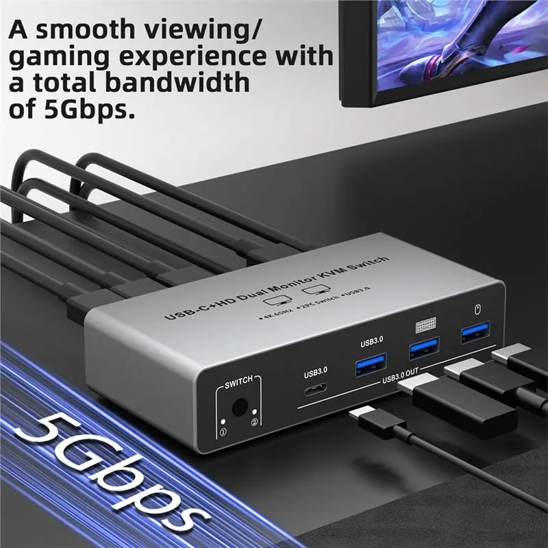 AS95 USB-C+HD Dual Monitor KVM Switch 4K 60Hz 2 in 2 Out 8K Compatible Splitter US Plug
