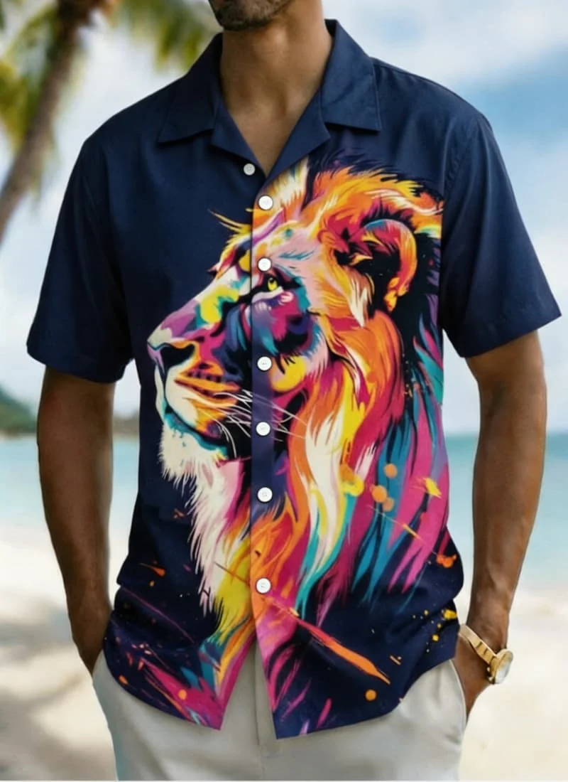 

Мужская повседневная рубашка с ярким животным принтом, свободный гавайский стиль для летнего отдыха, пляжная одежда, повседневная и уличная мода