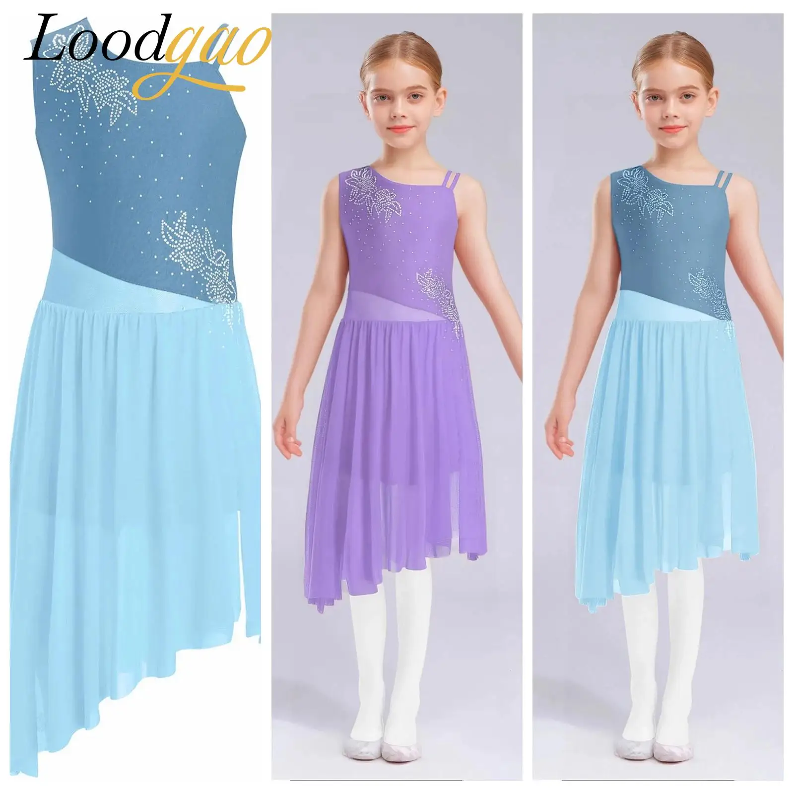 

Kids Figure Skating Dress for Girls Sheer Mesh Shiny Rhinestone Ice Skating Clothes Children's Gymnastics Leotard Ballet Dress