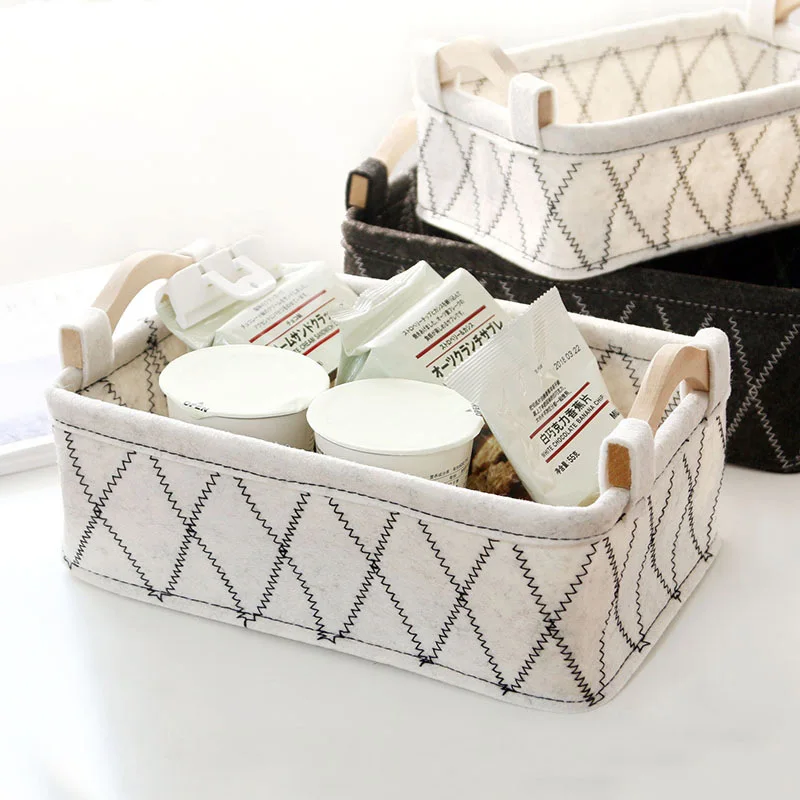 Felt Storage Basket Desk Organizer Toy Basket Storage Bins Makeup Organizer Basket Desktop Wooden Handle Storage Organizer Box