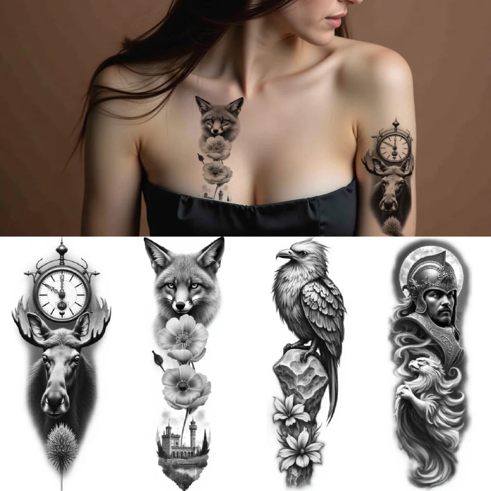 

12pcs Temporary Tattoo Eagle Tattoo Realistic Temporary Tattoos Rose Tattoo Tower Tattoo Black And Grey Realism For Arm Male