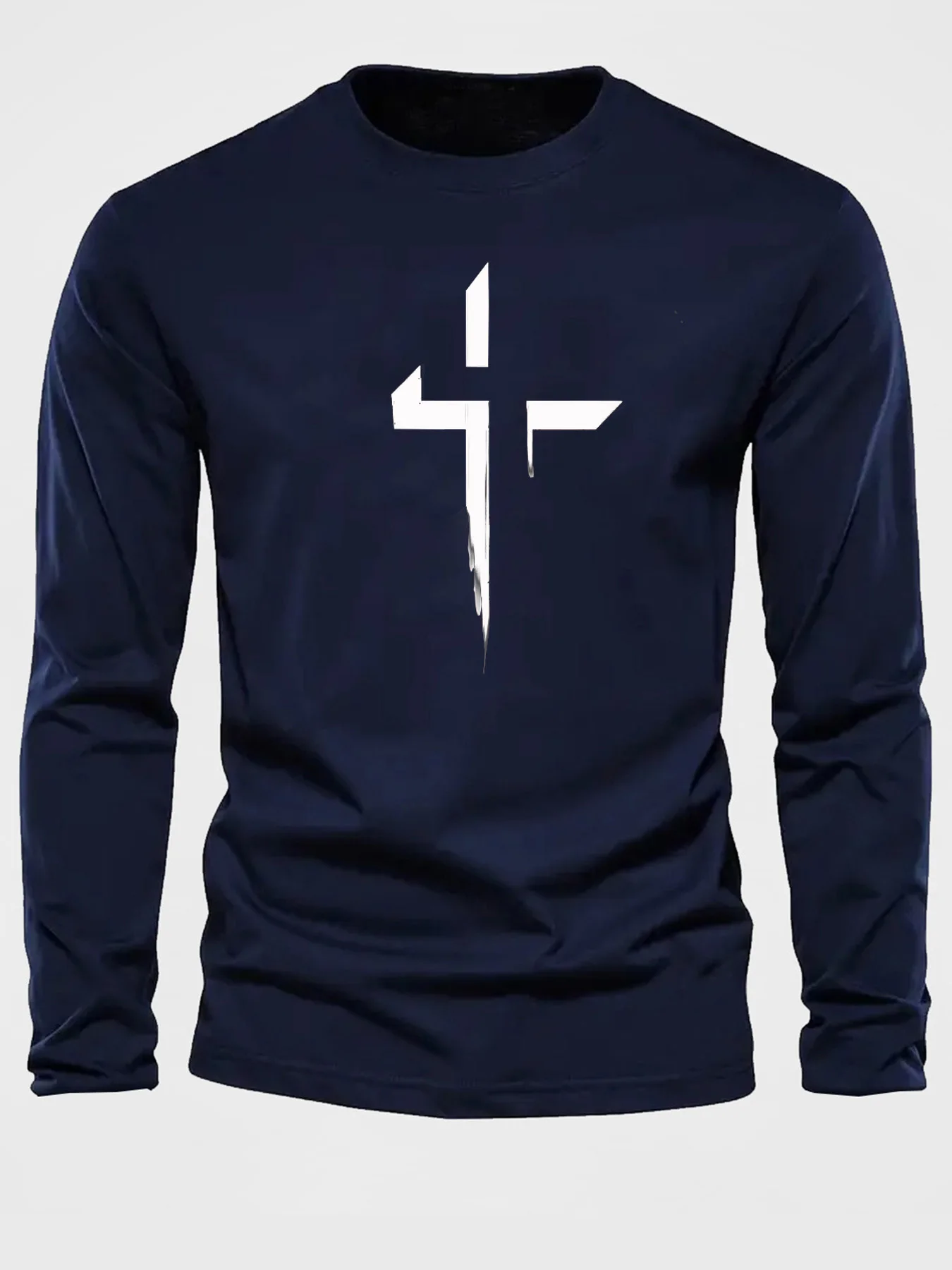 تي شيرت رجالي 100% من القطن الخالص فضفاض مقاس كبير مريح كاجوال رياضي مطبوع برقبة دائرية وأكمام طويلة #3