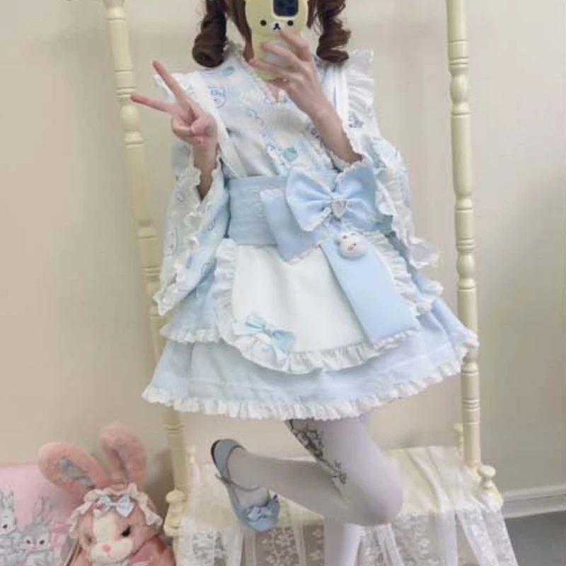 Pink Kawaii Lolita Style Dress Women Japanese Sweet Cute Bunny Strawberry Print Bow Princess Party Dresses Lolita Maid Dress Set