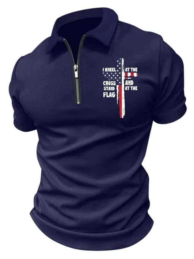 Men’s Zip Up Polo Shirt I Kneel At The Cross And Stand At The Flag Regular Fit Casual Polo Shirt