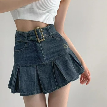 Mini saia feminina bordada denim, saia plissada retrô, look império, mais magra, roupas de primavera e verão