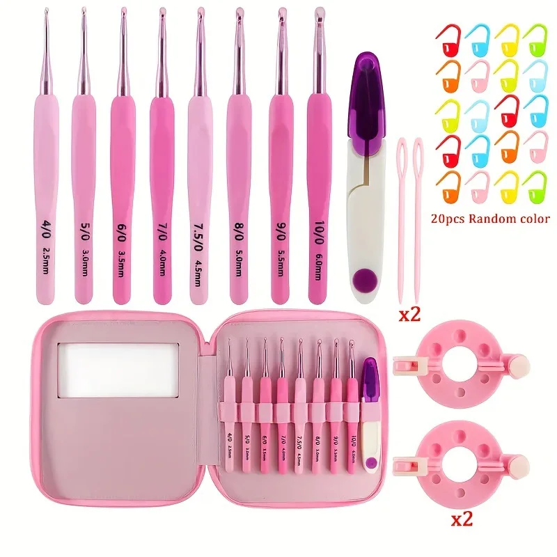 9Pcs Pink Crochet Hooks Set with Leather Storage Bag Ergonomic Crochet Hooks(2mm-10mm) Pink Crochet Kit Gifts for Beginners