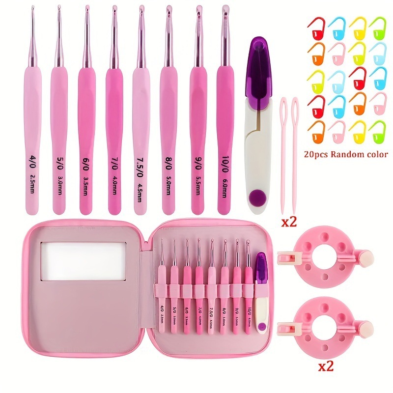  9Pcs Pink Crochet Hooks Set with Leather Storage Bag Ergonomic Crochet Hooks(2mm-10mm) Pink Crochet Kit Gifts for Beginners 