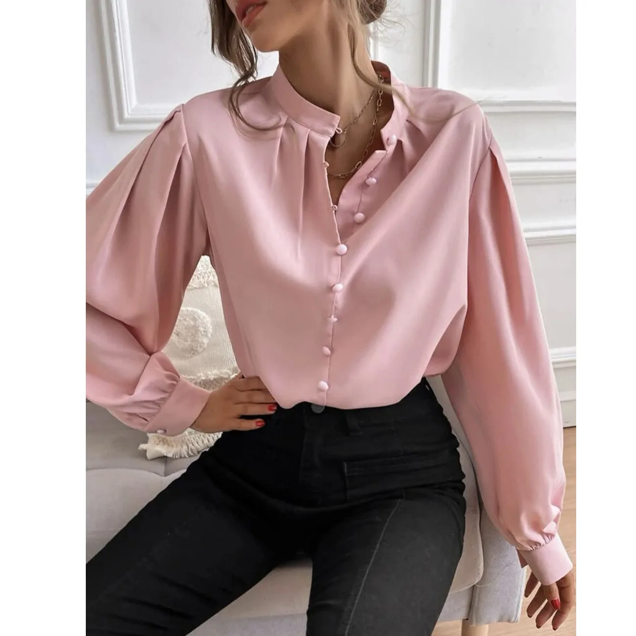 

Women's Half-open Collar Solid Color Loose Long-sleeved Shirt Tops