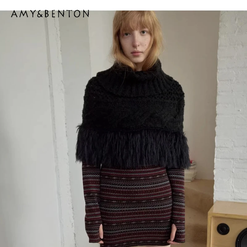 

Vintage Design Solid Color High Neck Knitted Women's Cardigan Spring New Sweet Cool Sexy Hollow Out Tassel Versatile Cape Ladies