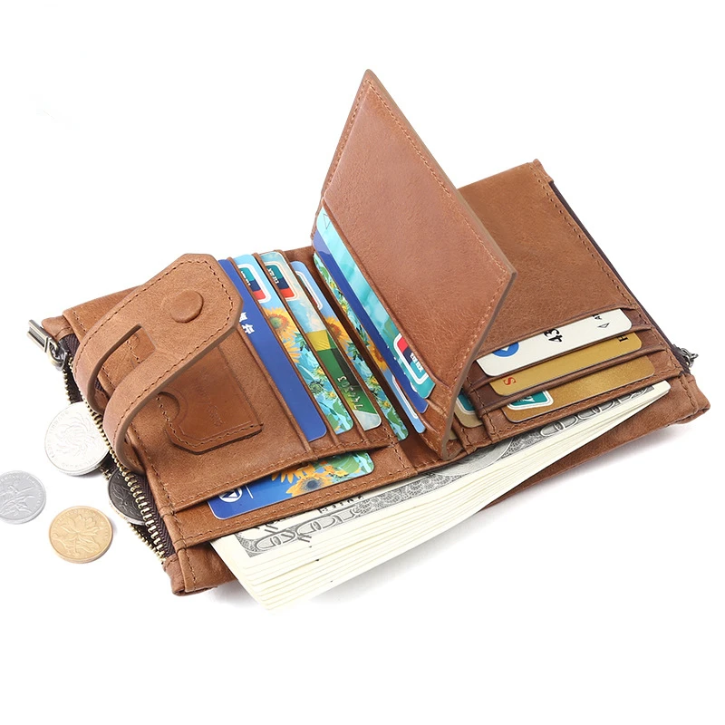 Men's Small Wallet RFID Genuine Leather Short Wallet Casual Fashion Double Zipper Card Holder Retro Coin Purse Money Bag Clutch