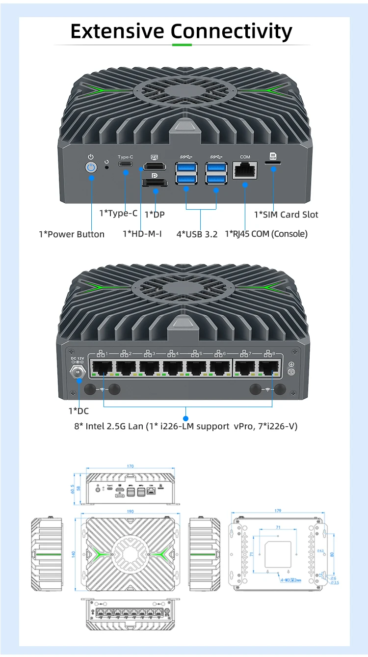 New Industrial Mini PC Firewall 14th Gen Ultra 5 125U 8 Intel 2.5G Lan Triple Display DDR5 Pfsense M.2 NVME 2.5-inch HDD/SSD
