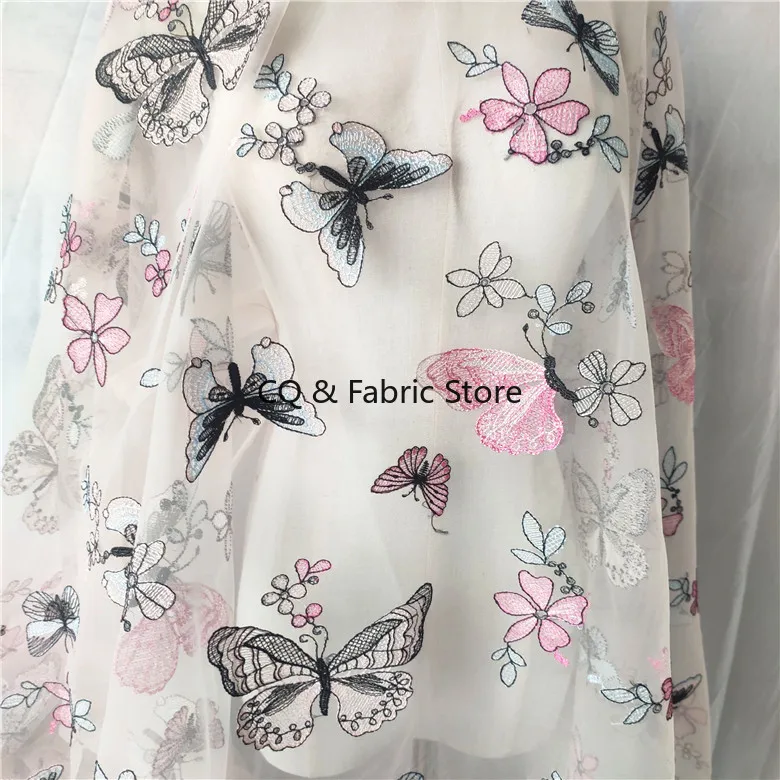 New Mesh Color Flat Embroidered Butterfly Lace Fabric For Women's Skirt Baby Doll Accessories DIY Fabric,By The Meter