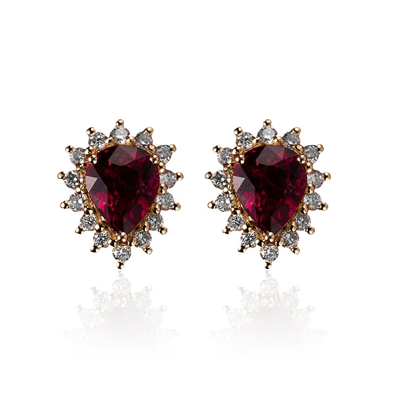 925 Sterling Silver Ruby Stud Earrings Plated with 18K Gold Drop Shape Earrings Exquisite Women's Wedding Party Jewelry