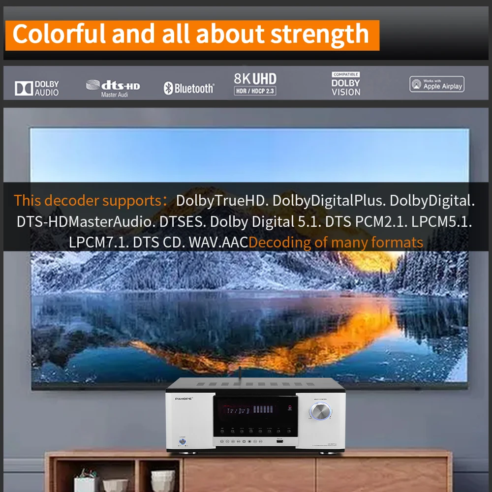 High Power 7.1 Channel Home Theater Amplifier DTS HD AV Digital Power Amplifier With BT USB Metal Audio System Theater Use