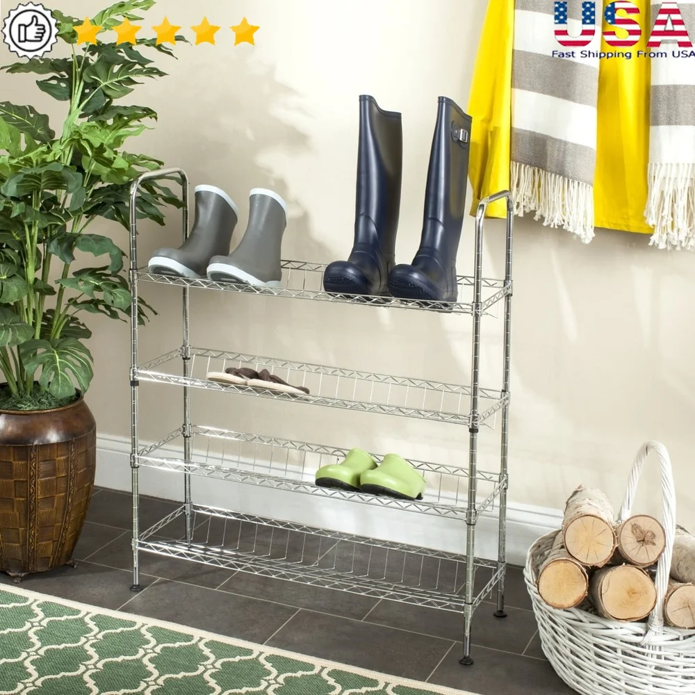 

Adjustable Chrome Wire Shoe Rack with Four Layers Indoor Storage Organizer Shoes and Accessories 45lbs Capacity