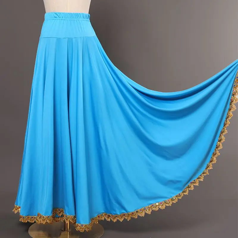 Women Spanish Flamenco Swing Skirt Gold borde Ballroom Dance Long Skirts High Waist Elastic Waistband Ruffle Performance Costume