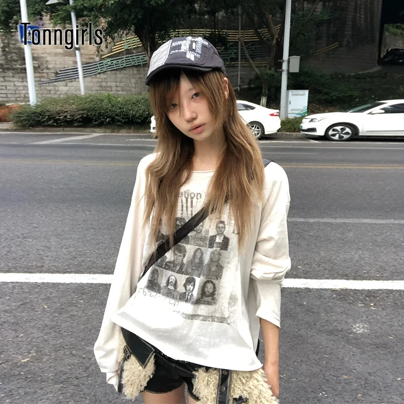 

Tonngirls American Retro T-shirt Women Autumn 2000s Print Graphic Tops Y2k Vintage Grunge Tops Punk Style Casual Tshirts E-girls