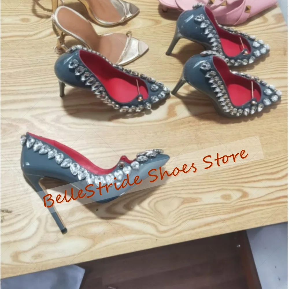 

Blue Pointed Toe Crystal Shallow Pumps Patent leather Women Shoes Thin High Heels Party Banquet Dating 2025 Zapatos Para Mujere