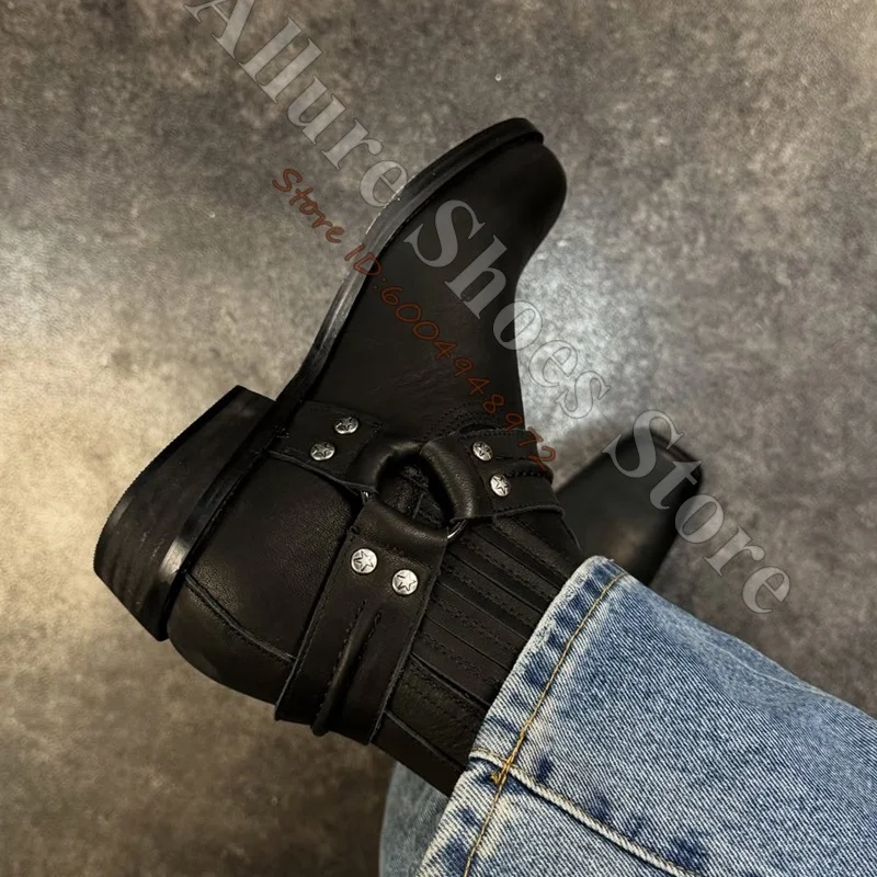 Retro Biker Cowboy Style Men Ankle Boots Black Smooth Leather Square Toe Harness Belt Silver Rivet Low Heel Western Boots - view 3