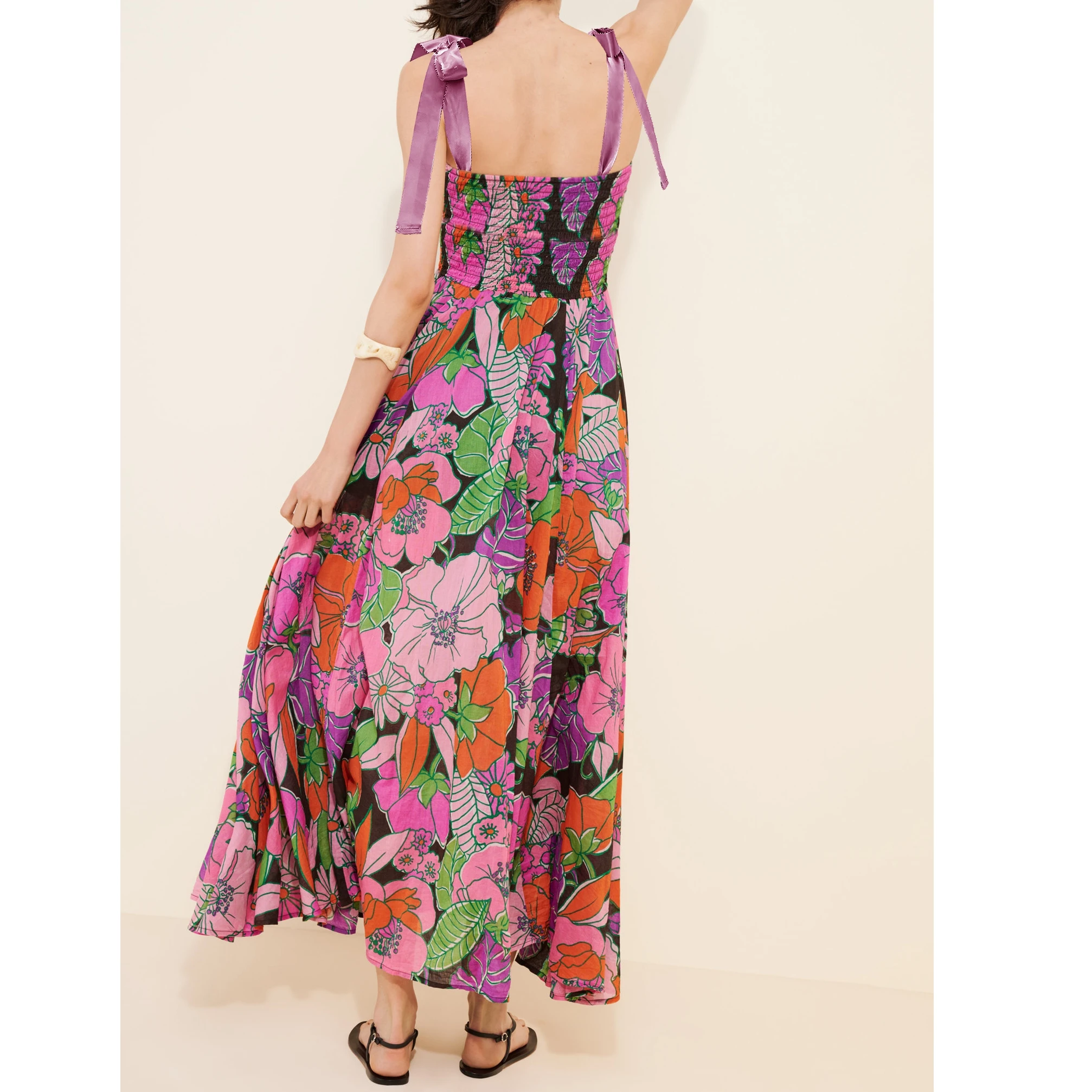 Abito da donna con spalline allacciate Abito estivo senza maniche con scollo a cuore Abito con stampa floreale Abito lungo smock
