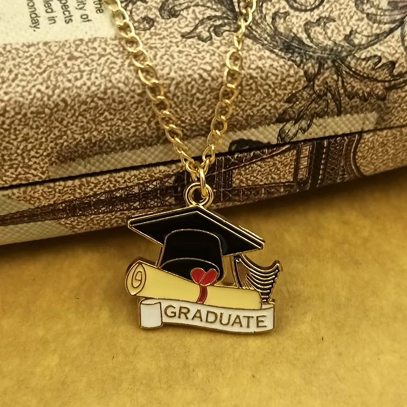 Creative Cartoon Bachelor\'s Hat Enamel Alloy Pendant Graduation Bouquet Necklace For Women Trendy Charm Student Jewelry Gifts